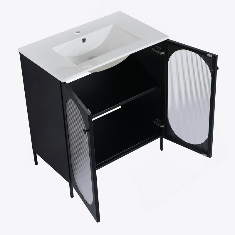 Meuble-lavabo autoportant de 30 po avec lavabo en céramique, Noir