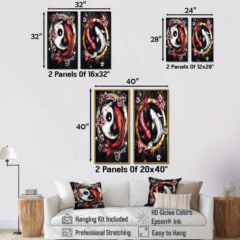 Ensemble d'art mural Sakura Yin et Yang Koi Pond III - Kois Fish, H 28 po x l 24 po, Toile tendue