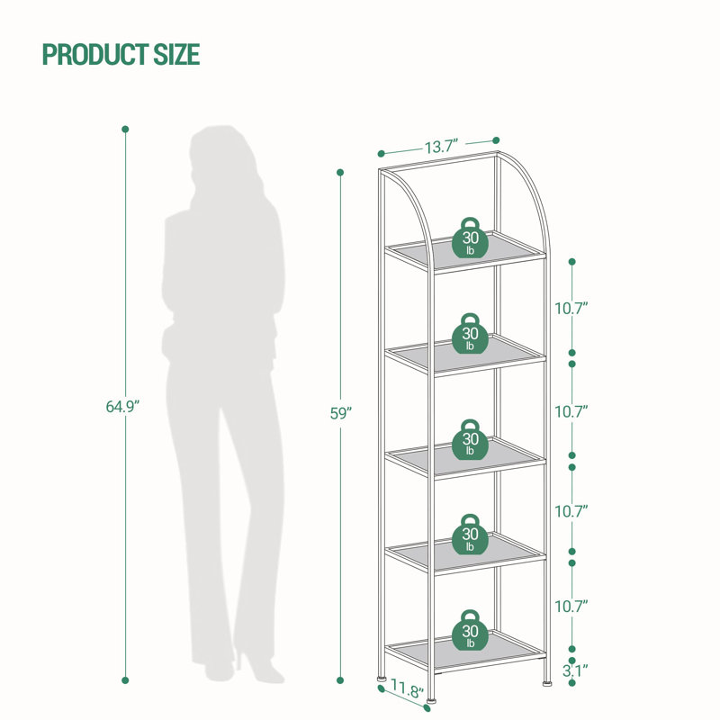 5-Tier Bookcase Bookshelf,Gold Finish Arched Glass Bookcase, 59.1" H x 59.1" W x 13.8" D