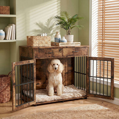 43.3 Inch Wooden Dog Crate Furniture With 3 Doors And 2 Drawers