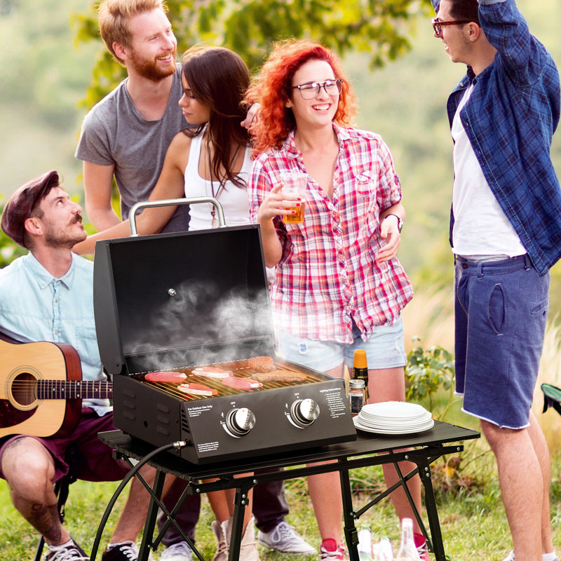 2 Burner Propane Bbq Grill , Portable And Compact. Foldable Legs, Smoke Lid, Thermometer. Black, Suited For Camping, Picnic, Backyard Tabletop Grill. For Enjoyment. Black Style
