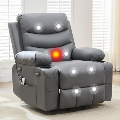 Fauteuil inclinable électrique Power Lift pour personnes âgées avec chaleur lombaire et massage à 5 modes, canapé en tissu respirant avec porte-gobelets, poches latérales et port USB intégré, gris