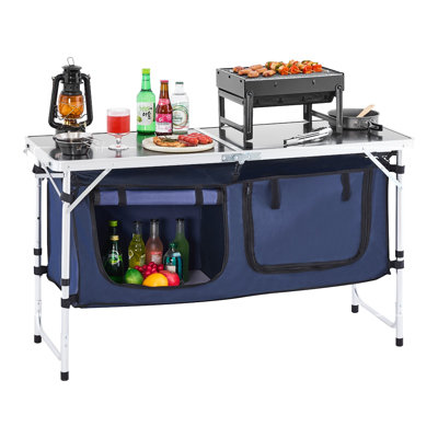 Table de cuisine de camping, table de cuisson extérieure pliante, 3 hauteurs réglables, station de cuisson portable légère en aluminium avec rangement, poignée de transport, pour barbecue, pique-nique, voyage en véhicule récréatif, bleu