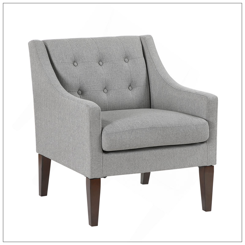 Clopton 26" Wide Mid Century Modern Tufted Accent Chair with Textured Upholstery and Brown Wood Legs, Gray Fabric