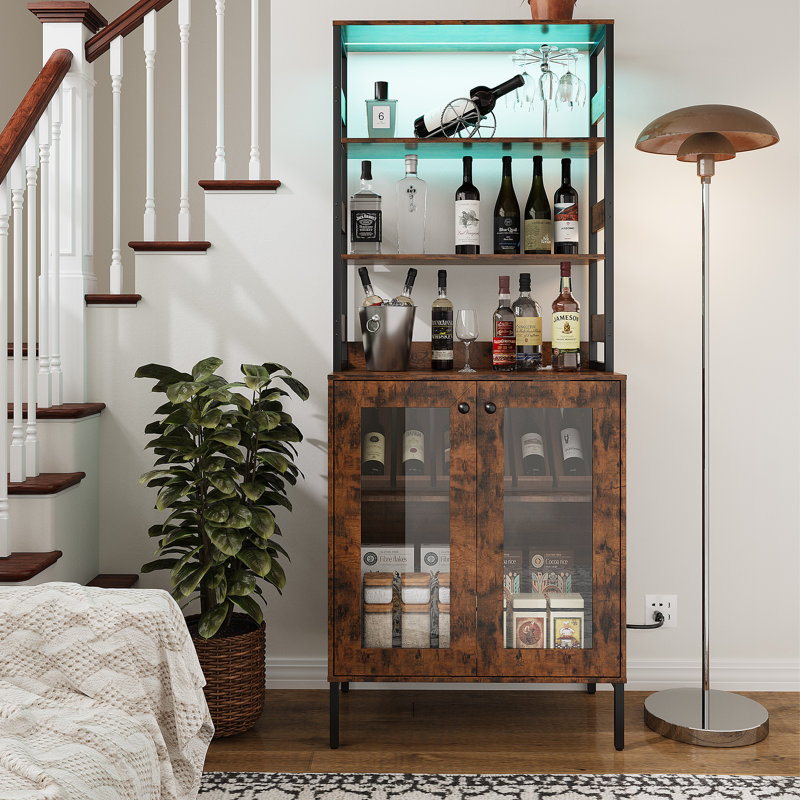 67" Tall Wine Bar Cabinet Liquor Cabinet with Power Outlets, Farmhouse Liquor Cabinets with Adjustable Shelf, Brown