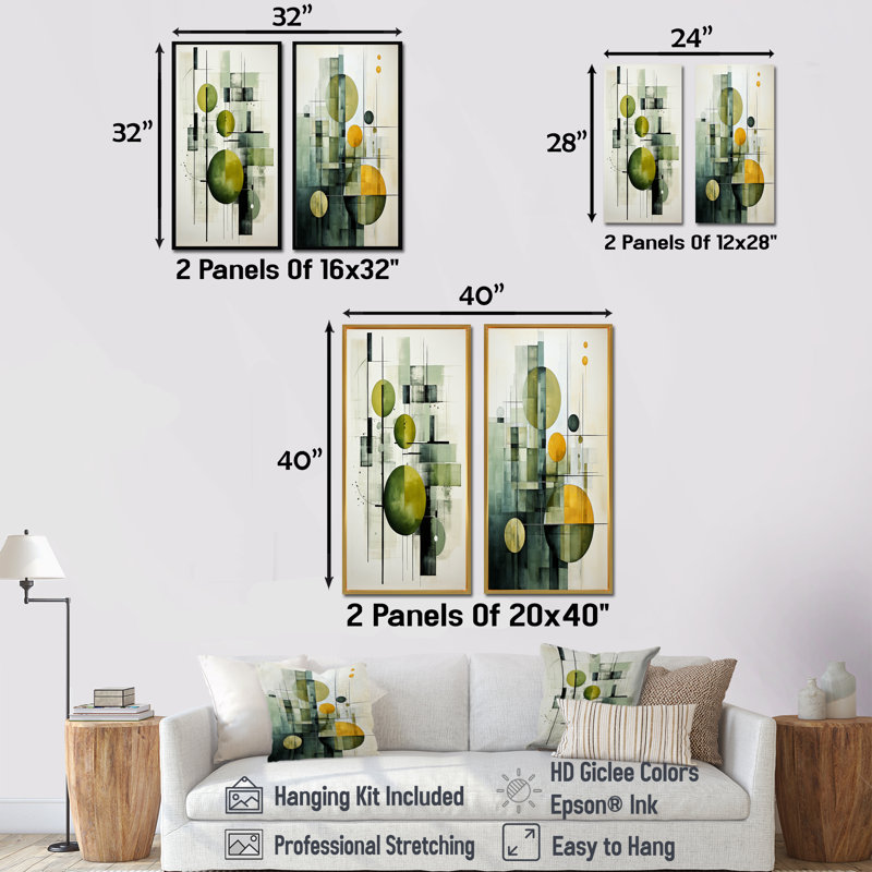 Olive Orbits Abstract Shapes - Ensemble de 2 reproductions d'art sur toile, H 28 po x l 25 po, Encadrement doré