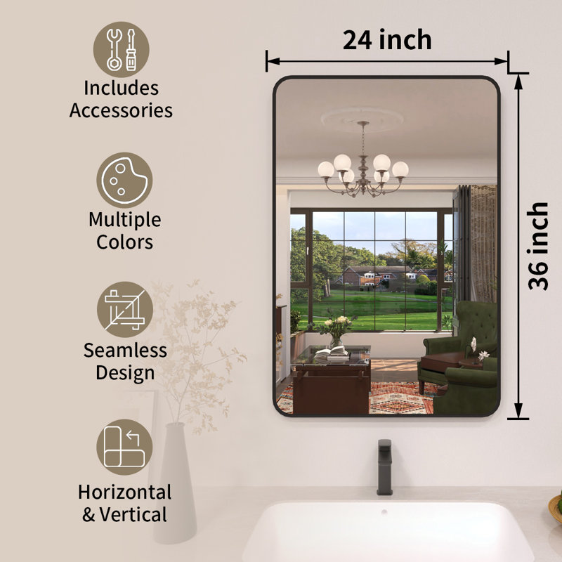 Lucha Matte Black Framed Wall Mounted Bathroom Vanity Mirror with Tempered Glass, 24" x 36", Matte Black