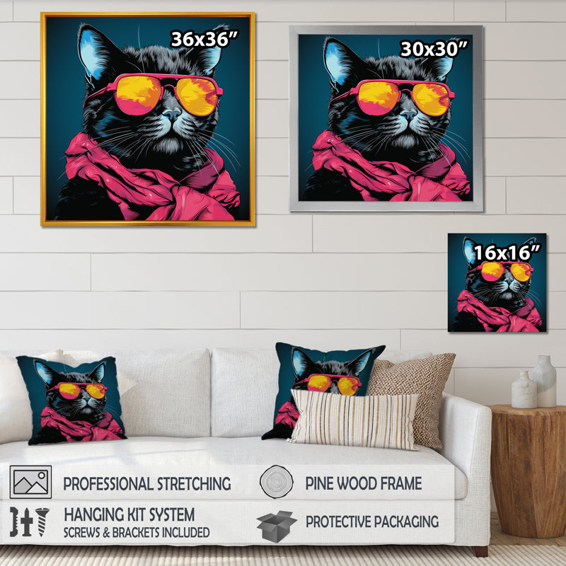 Chat froid avec des lunettes de soleil jaunes sur toile, H 30 po x l 30 po x P 1 po, Cadre simple noir