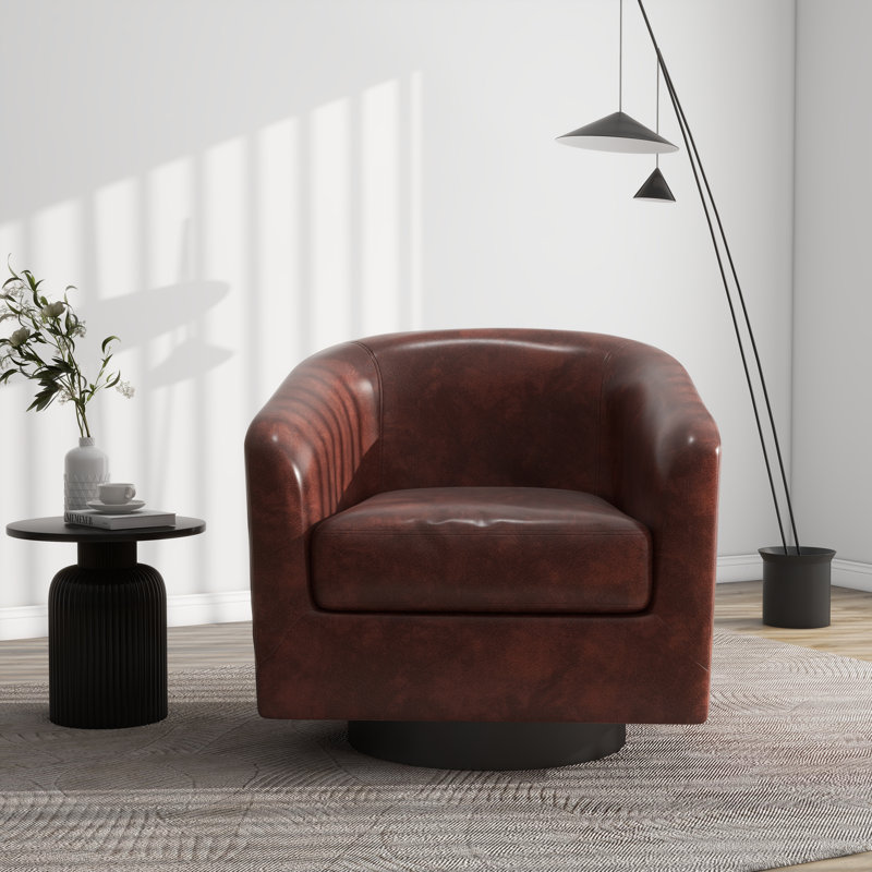 Applewold Upholstered Red Brown Faux Leather Swivel Barrel Chair with Solid Wood Base, Red Brown Heathe Faux Leather