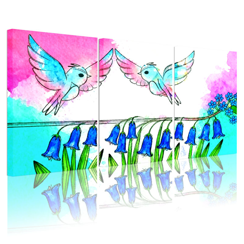 «Birds Birds Flying Over Bluebells Reflection», ensemble de 3 impressions sur toile, H 18 po x l 36 po