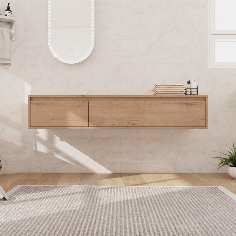 60" Wall Mounted Bathroom Side Cabinet With 3 Soft Close Drawers, Beige