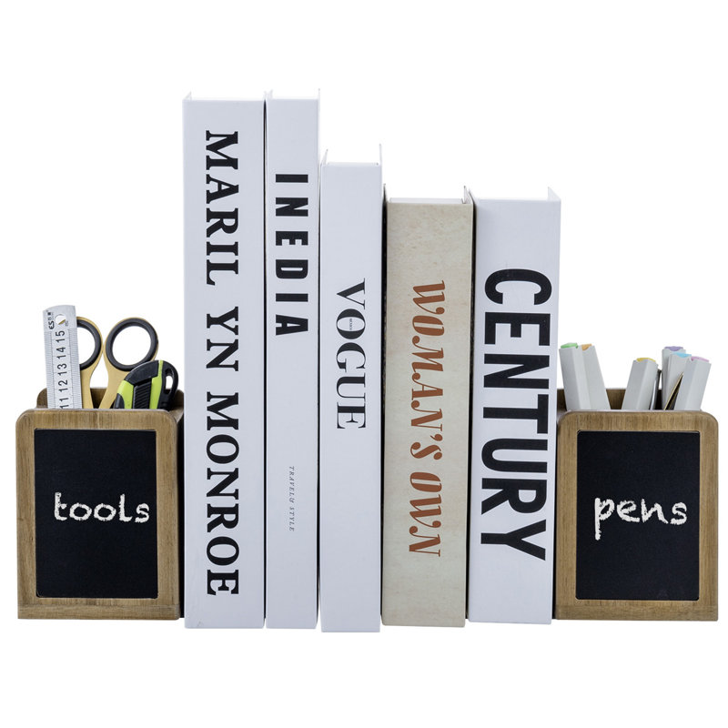 Serre-livres en acacia avec étiquettes pour tableau noir
