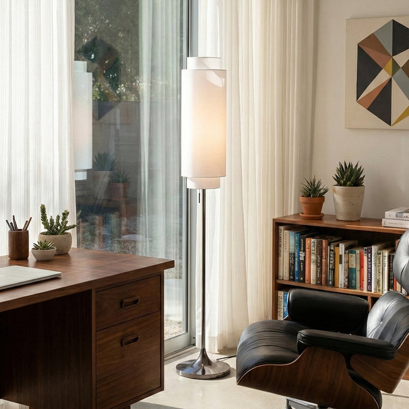 Lollipop Floor Lamp - Black Nickel,  Linen Double Shade, On/Off Pull Chain, White