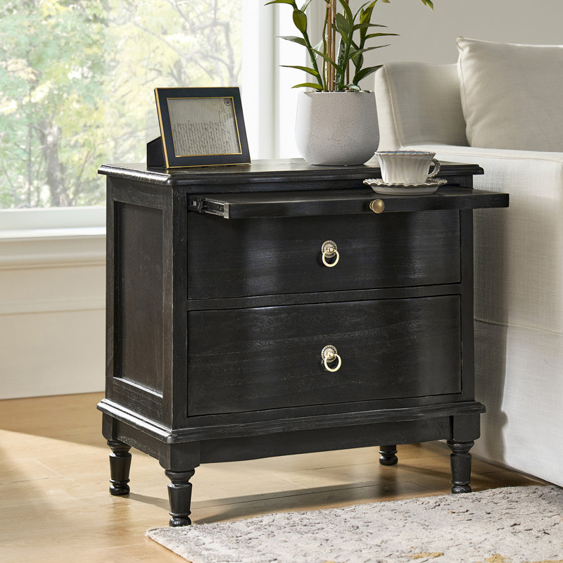 Sessoms Traditional 26''W 2-Drawer Solid Wood End Table with Built-In Outlet and Curved Drawer Fronts, Charcoal