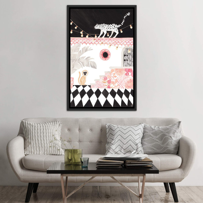 Art sur papier leopard et singe, H 60 po x l 40po x P 1,5 po, Toile avec cadre noir
