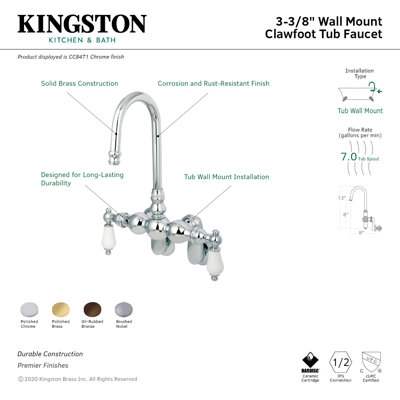 Kingston Brass Vintage Two-Handle 2-Hole Tub Wall Mount Clawfoot Tub Faucet