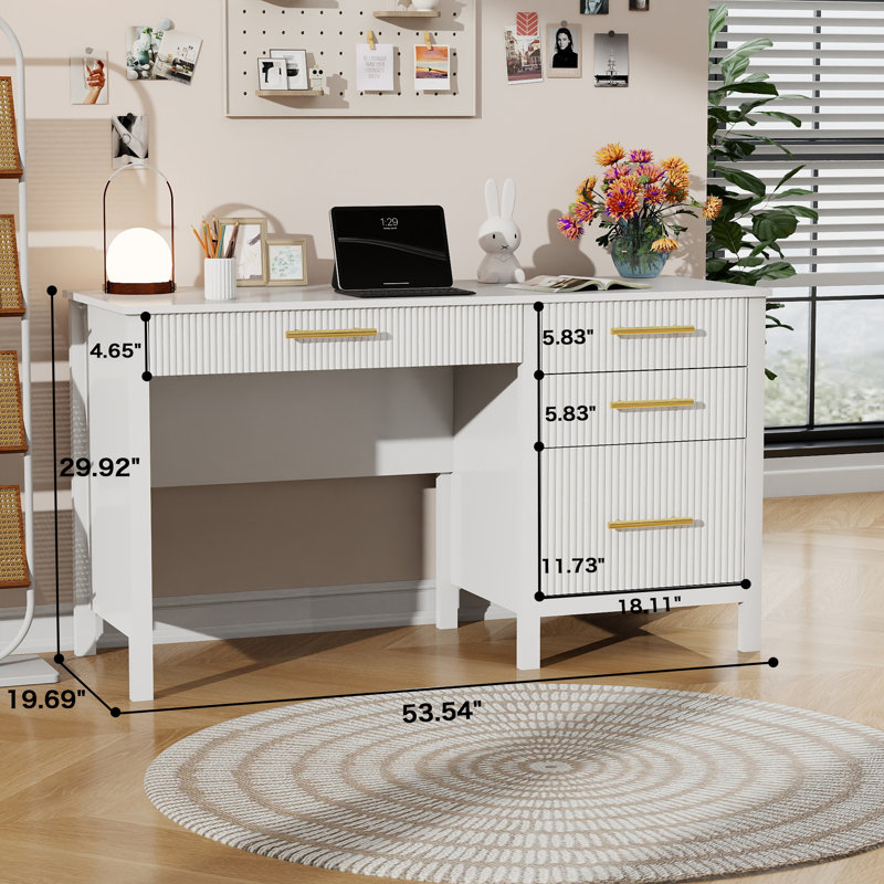 Modern Executive Desk with File Drawers, Wood Home Office Desk with Storage Drawers, White