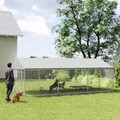 Outdoor Dog Kennel with Roof, Steel Dog Fence, 19.7' x 9.8' x 7.1'