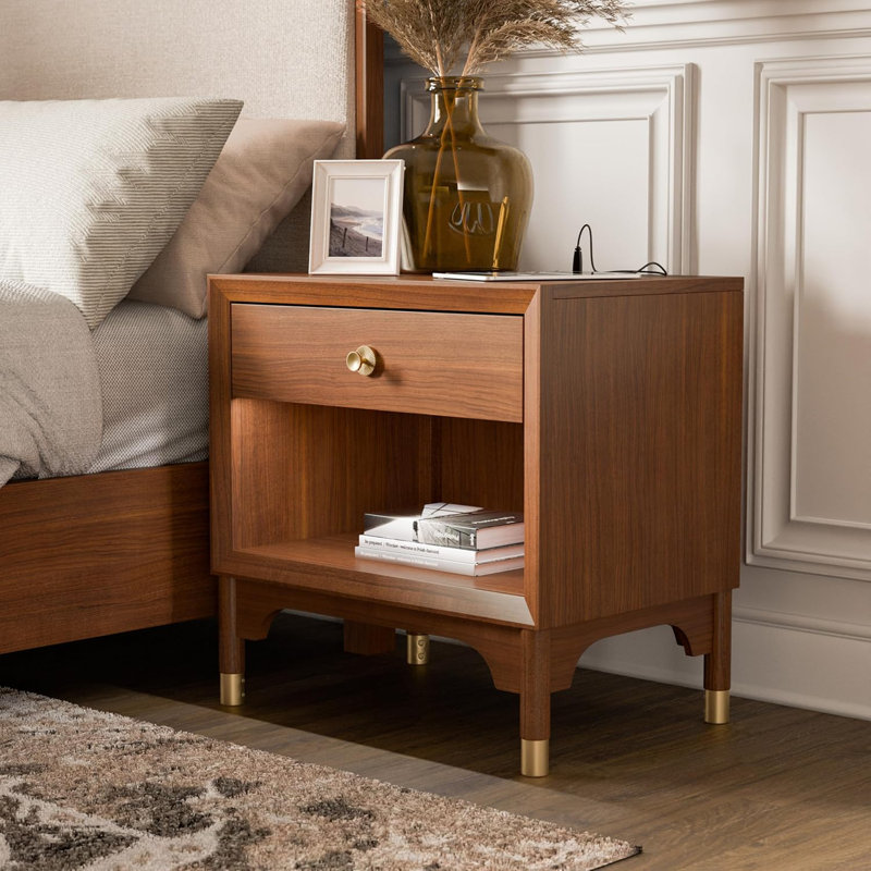 Table de chevet 1 pièce avec port USB, tiroir à queue d'aronde anglaise, pieds dorés, meubles de chambre à coucher finition noyer | Idée de cadeau