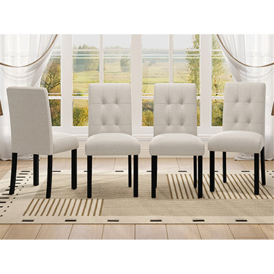 Chaise de salle à manger moderne capitonnée 4 pièces, lin rustique revêtu de pieds en bois d'hévéa noir, chaise d'appoint rembourrée pour la cuisine, la salle à manger, le lit, beige