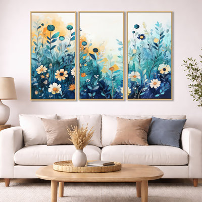 "Spring Meadow", art floral sur toile, "Wildflowers Meadow", ensemble d'art mural sur toile encadré 3 pièces