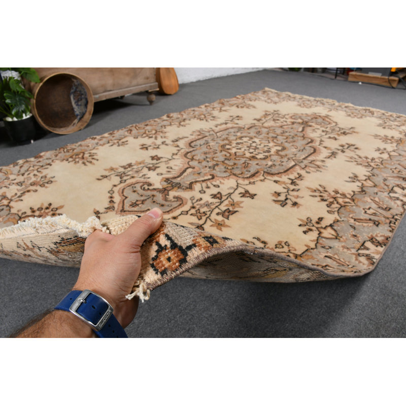 Grand tapis turc Oushak rétro beige pour plancher de salle à manger, décor brun / beige