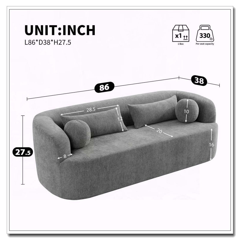 Canapé rembourré avec coussins 86 po Chenille, Gris