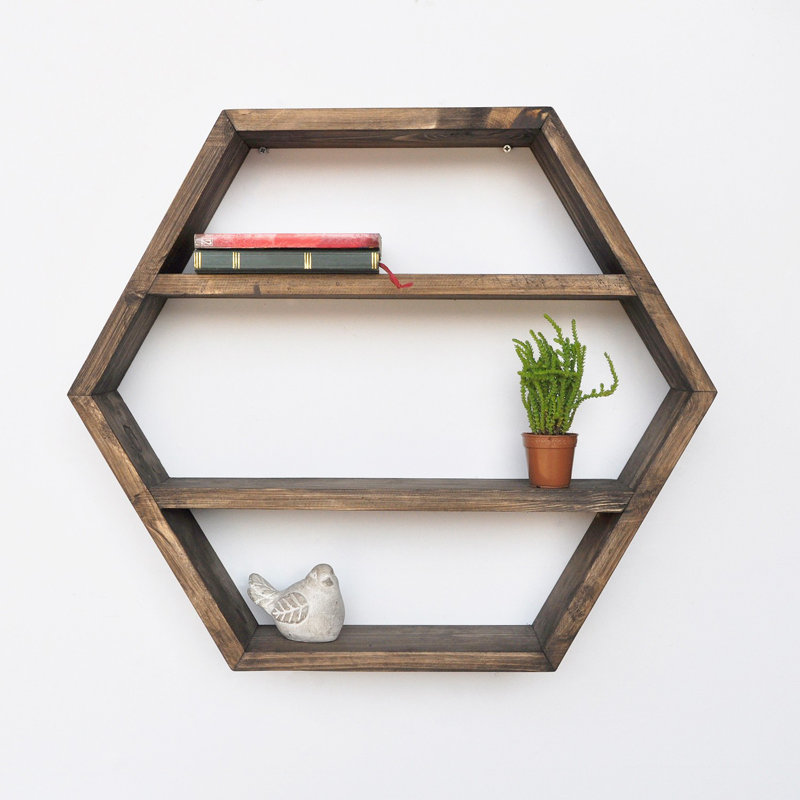 Tablette décorative hexagonale en bois massif 4 pièces Nannie, Noyers