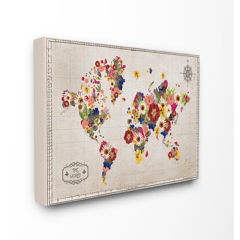 Carte du monde floral, impression, H 30 po x l 24 po, Toile