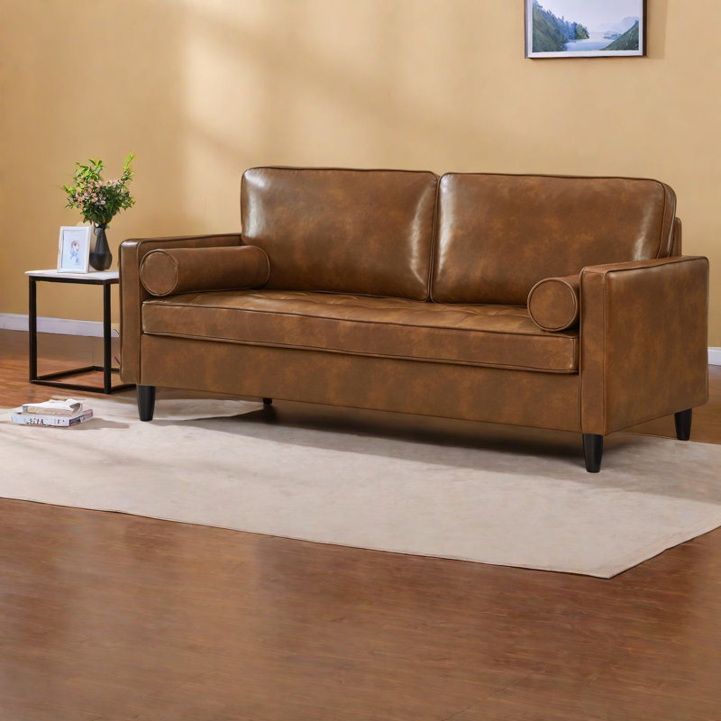 Modern 3 Seater Sofas, Breathable Faux Leather, Solid Wood Frame, Brown Couch