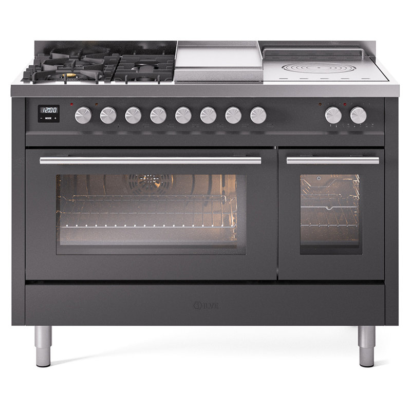 Cuisinière à double carburant ILVE ProfessionalPlus II 48, boutons, Graphite mat, Gaz naturel
