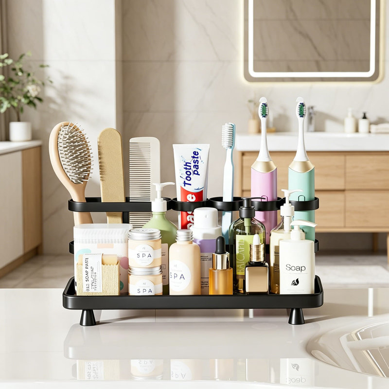 Porte-brosse à dents électrique avec 5 fentes en métal pour l'organisation du comptoir de salle de bain, comprend un rangement sécurisé pour le dentifrice, le rasoir et le rince-bouche