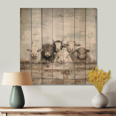 Farm Farm Family Selfie II - Paysage de campagne, impression sur bois gris sur bois de pin naturel