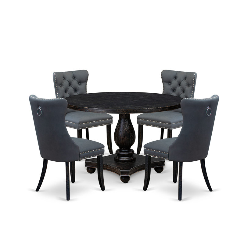 5-piece Dining Room Set with Polyester Fabric 4 Platinum Gray kitchen chairs, Button-Tufted Backs, and a 48"Round Breakfast Table in Sand Blasted Black