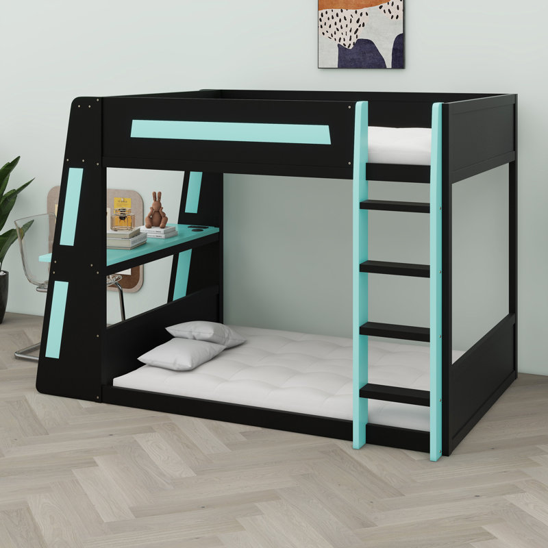 Lit superposé en bois avec bureau, Noir / Bleu