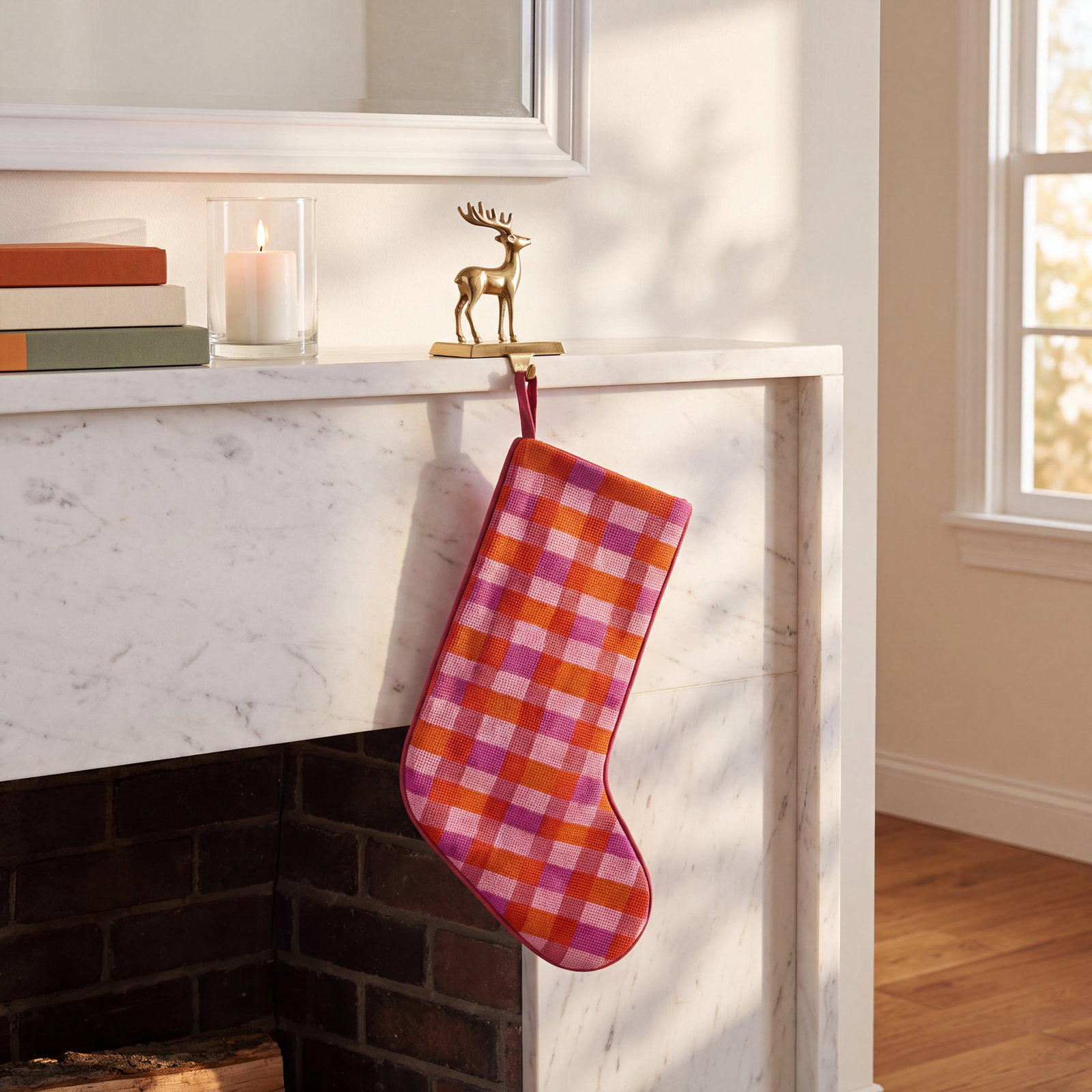 Abstract Plaid Pink Embroidered Holiday Stocking