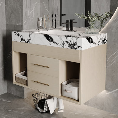 Meuble-lavabo mural moderne de 76 cm (29,9 po) avec comptoir en pierre frittée, lavabo encastré en céramique et comptoir ultra facile à installer, idéal pour les petites salles de bain et les condos.