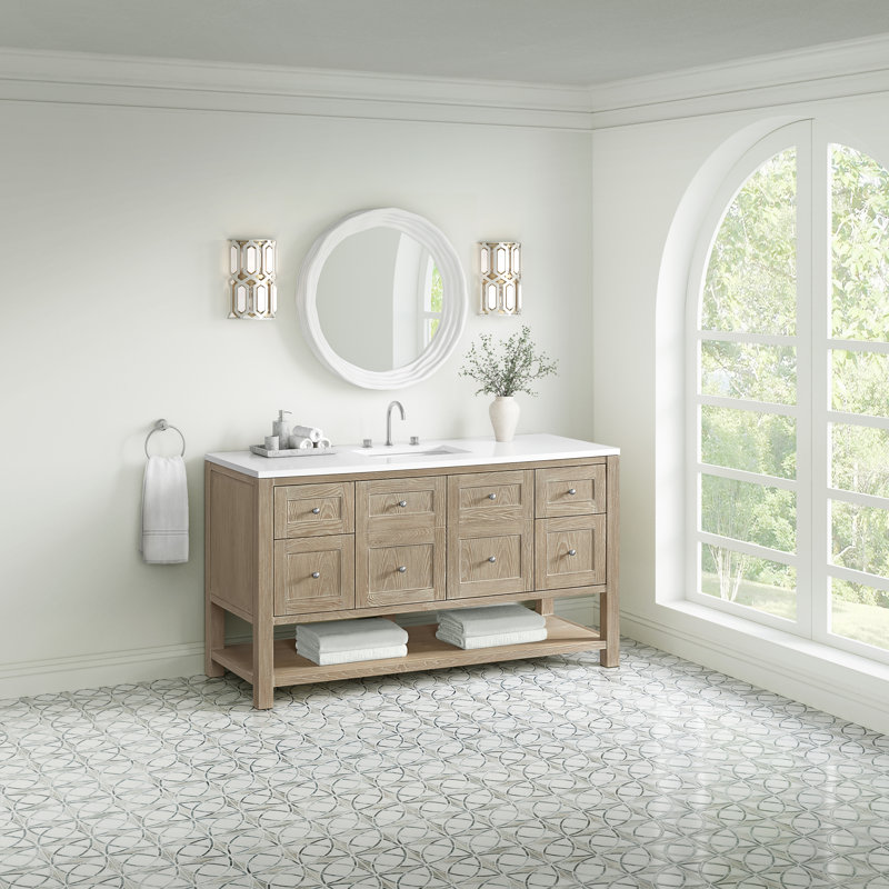 Breckenridge 60'' W Single Vanity, White Zeus Silestone, Whitewashed Oak, Widespread