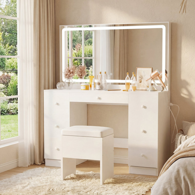 43" W 7-Drawer Makeup Vanity Set with LED Lighted Mirror and Power Outlet, White