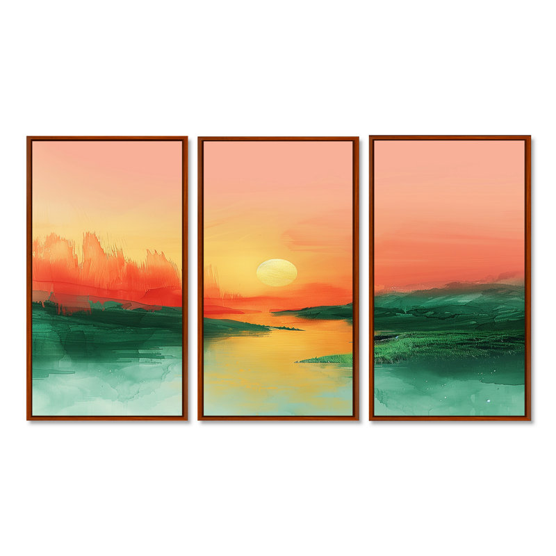«Green Lake», coucher de soleil magique, ensemble d'art mural désert, Toile avec cadre flottant brun
