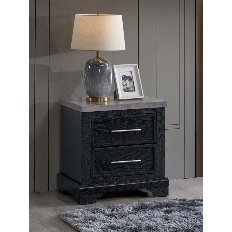 Table de chevet contemporaine en bois avec dessus en faux granite et 2 tiroirs d'arrêt de sécurité