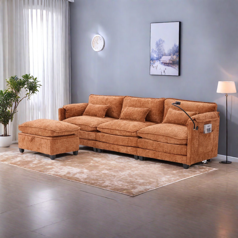 Canapé modulaire surdimensionné surdimensionné pour le salon, canapé en L moderne en chenille, canapé-lit modulaire confortable avec repose-pieds de rangement mobile, support pour téléphone, port de charge USB