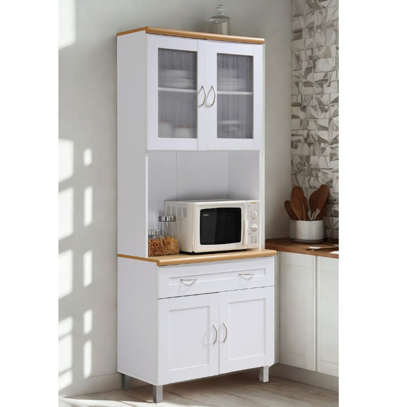 Kitchen Cabinet 31.5 inch Wide Freestanding China Display Hutch with Storage, Microwave Shelf and Utensil Drawer, White