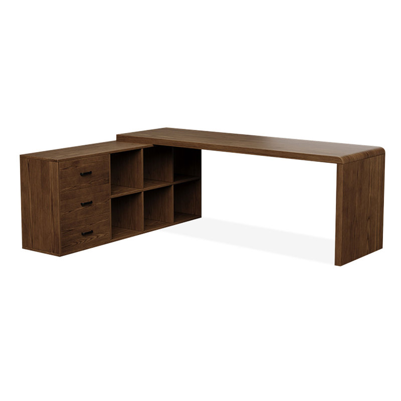 Light walnut L-Shaped Solid Wood desks, 29.53" H x 86.61" W x 23.62" D