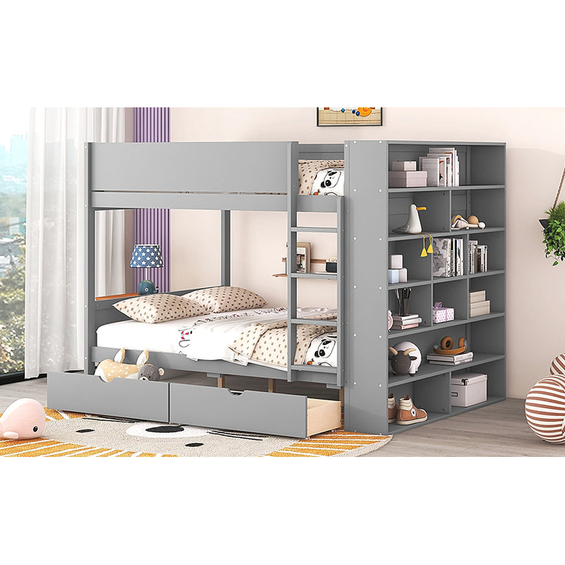 Lit superposé double au-dessus de double avec 2 tiroirs et armoire à couches multiples, Gris