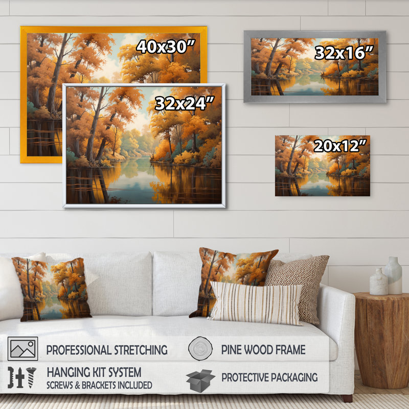 «Whimsical River and Forest II», reproduction sur toile, H 12 po x l 20 po x P 1 po, Encadrement doré