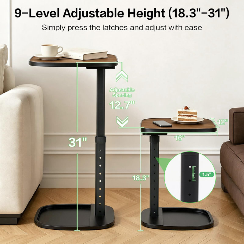 Table d'appoint pivotante à 90° avec plateau rabattable réglable pour canapé et lit, design ajustable, plateau rabattable, verrouillage du panneau, pivotante à 90°, utilisable sur canapé ou au chevet du lit, table multifonctionnelle, design compact (brun)