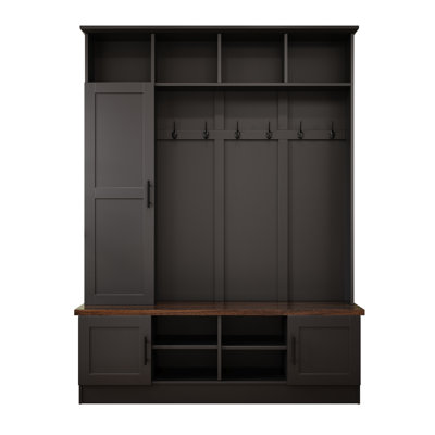 Versatile 3-In-1 Hall Tree With 6 Hooks, Farmhouse Walnut Storage Bench With Adjustable Shelves, 55"W Modern Entryway Coat Rack With Multiple Storage