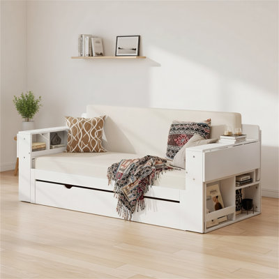4-In-1 Full Size Daybed With Removable Desk, Storage Drawers & Hydraulic Side Table – Versatile Multifunctional Furniture For Living, Sleeping & Working, White