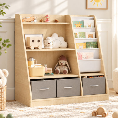 Étagère à livres et rangement pour jouets pour enfants à 4 niveaux avec 3 bacs en tissu